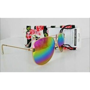 Foster Grant NEW WOMENS GOLD FRAME SUNGLASSES with Rainbow Lenses and Floral Pou